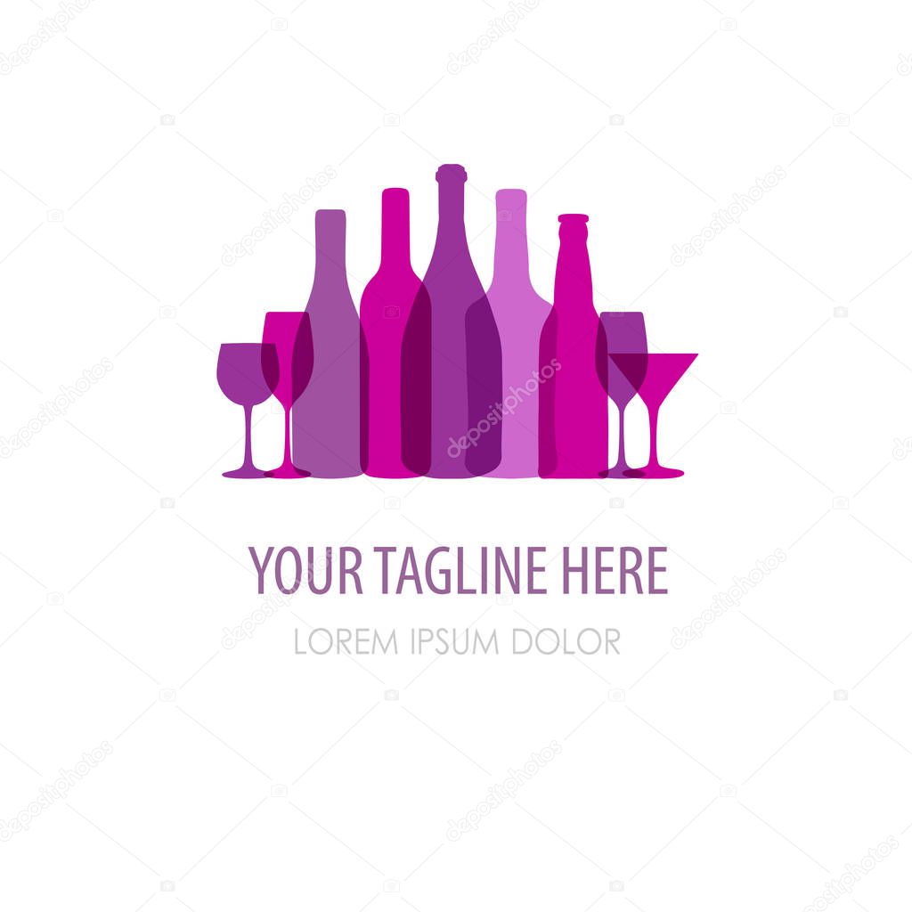 Wine bottle and glass vector icon. Concept for bar menu, party, alcohol drinks, celebration holidays. Abstract colorful logo design template.