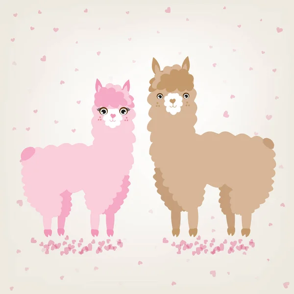 Um par de animais bonitos llama e alpaca no amor — Vetor de Stock