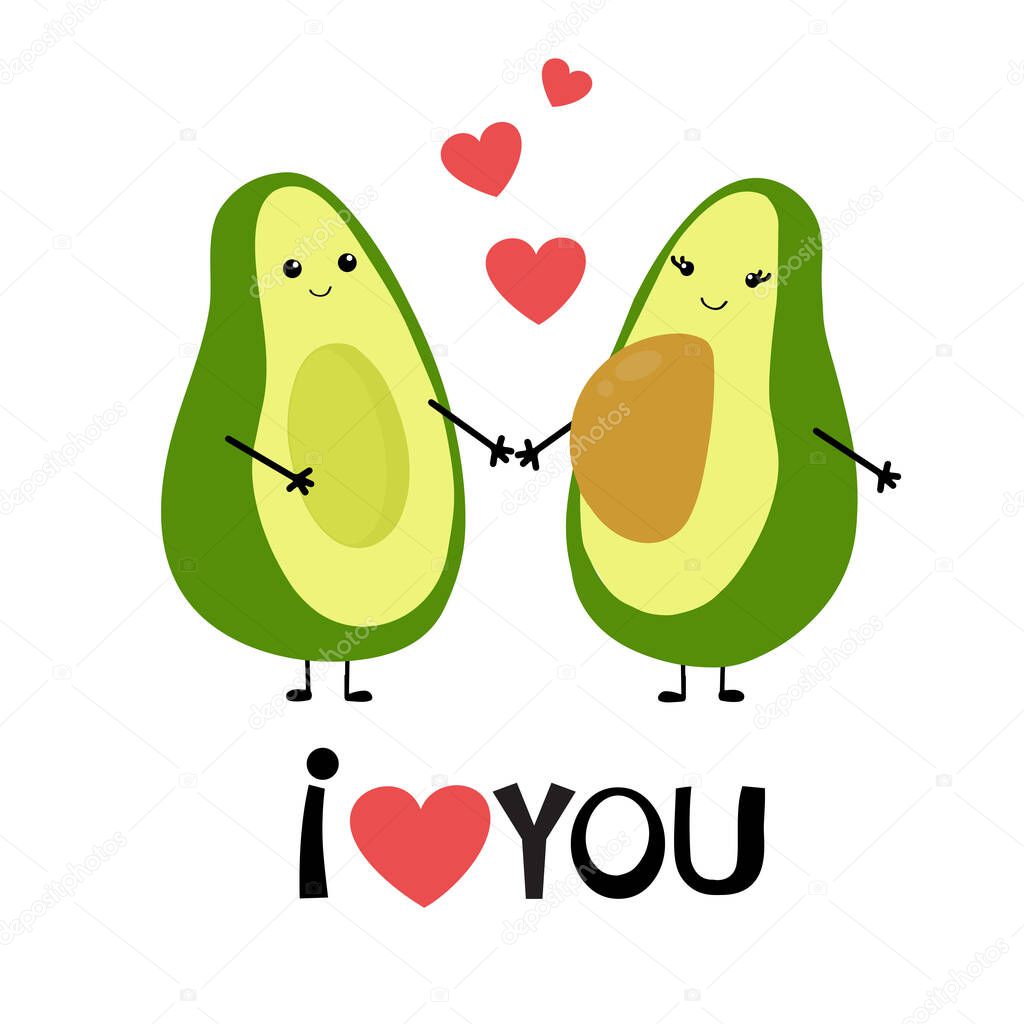 Vettoriale stockCarino cartone animato coppia avocado tenendosi per mano,  biglietto di auguri di San Valentino. Avocado amore con i cuori vettoriale  illustrazione . di ©mcherevan #340039576, image size:1024x1024