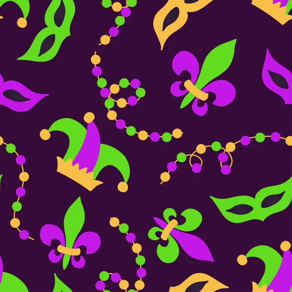 Cute seamless Mardi Gras background with masks and beads in traditional colors — Stock vektor