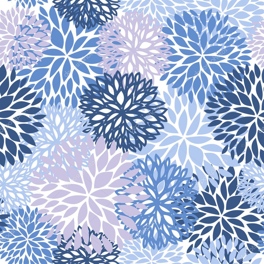 Floral seamless pattern. Blue, yellow and navy Chrysanthemum flowers background for web, print, textile, wallpaper design.