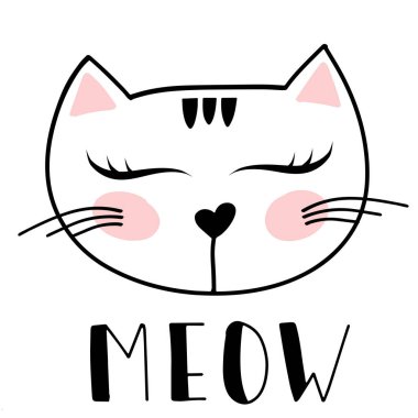 Beyaz arka planda el yazısı ile Miyav yazan kedi başı. Vektör illüstrasyonu.