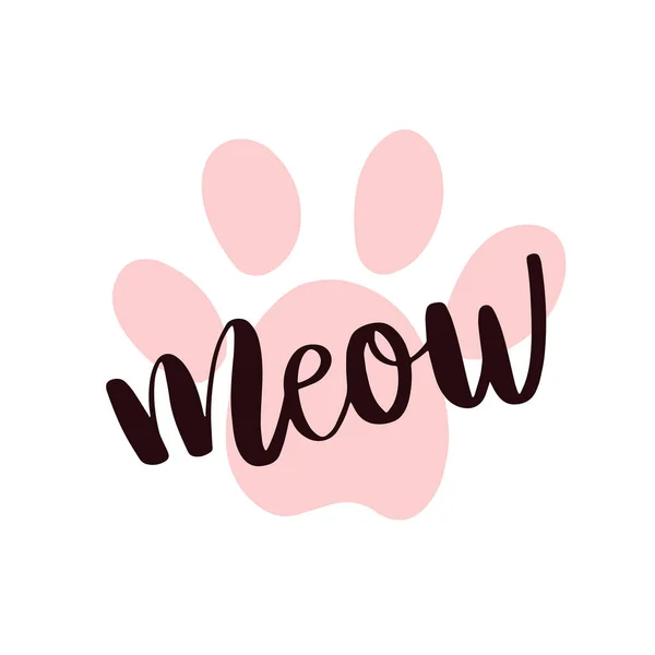Kalligrafisk bokstäver Meow med en rosa katt tass tryck isolerad på vitt. Handskrift typografi design för kort, affisch, heminredning, t shirt design.Vector illustration. — Stock vektor