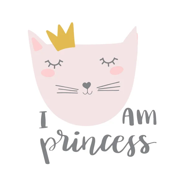 Cute princess cat with a golden crown. Can be used for tshirt print, baby clothes,child wrapping paper. Creative vector girlish original design — Stock Vector