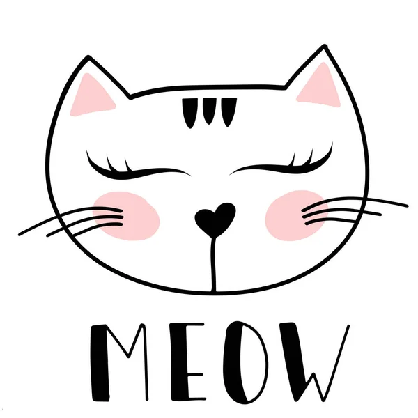 Testa di gatto con scritta a mano Meow su sfondo bianco. Illustrazione vettoriale . — Vettoriale Stock