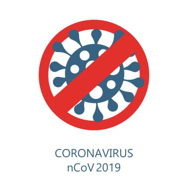 Beyaz arka planda 2019-nCoV Roman Coronavirus Bakterisi. Kırmızı Yasak İşaretli Corona Virüsü Simgesi. Covid-19 Kavramlarını durdurun. İzole Vektör Sembolü