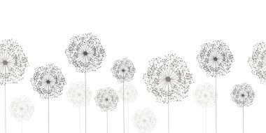 Kusursuz karahindiba deseni, elle çizilmiş bitki ve tohumlarla yatay arka plan. Pankart, kirchen tasarımı için vektör illüstrasyonu