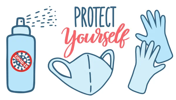 Protect Yourself Coronavirus Sticker Social Media Content Vector Hand Drawn — Stock Vector