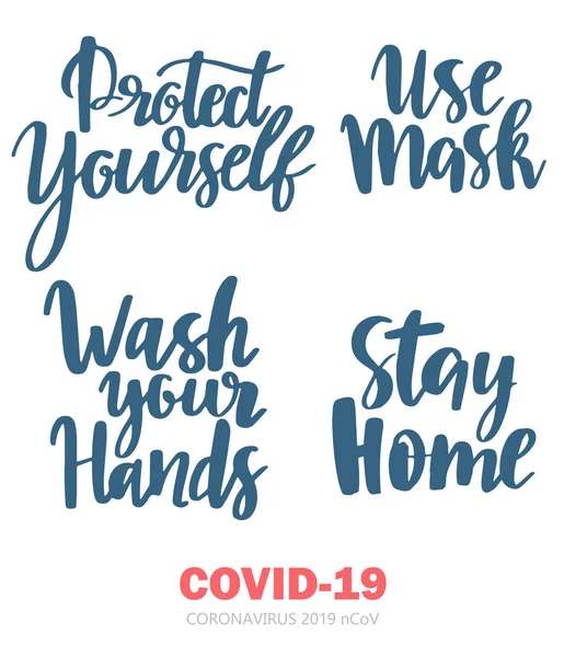 Coronavirus Covid 2019 Ncov Conjunto Frases Letras Texto Dibujado Mano — Vector de stock