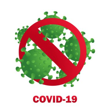 Beyaz arka planda 2019-nCoV Roman Coronavirus Bakterisi. Kırmızı Yasak İşaretli Corona Virüsü Simgesi. Covid-19 Kavramlarını durdurun. İzole Vektör Sembolü