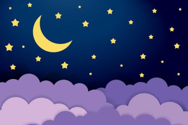 Gece gökyüzünün şirin bebek çizimi. Yarım ay, yıldızlar ve karanlık arka planda bulutlar. Gece sahne vektörü