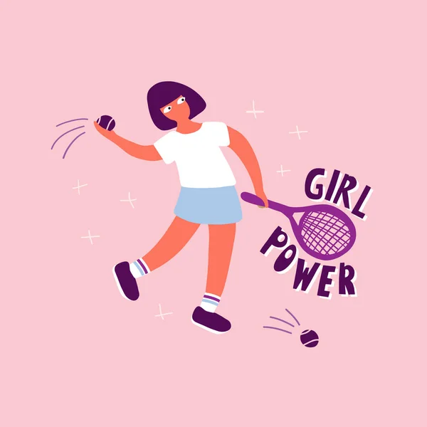 Młoda dziewczyna w sportowej odzieży trzyma rakietę i piłkę tenisową. I tekst z literami Girl Power. Koncepcja aktywnego stylu życia i treningu sportowego. Ilustracja wektora płaskiego. — Wektor stockowy