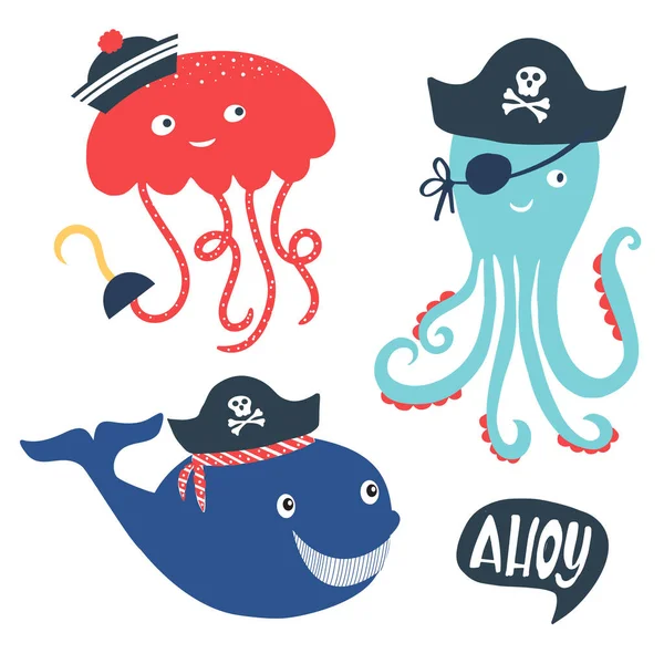 Illustration vectorielle Petit lettrage pirate avec chapeau et os de pirate. Emblème logo enfants. Impression de tissu textile — Image vectorielle