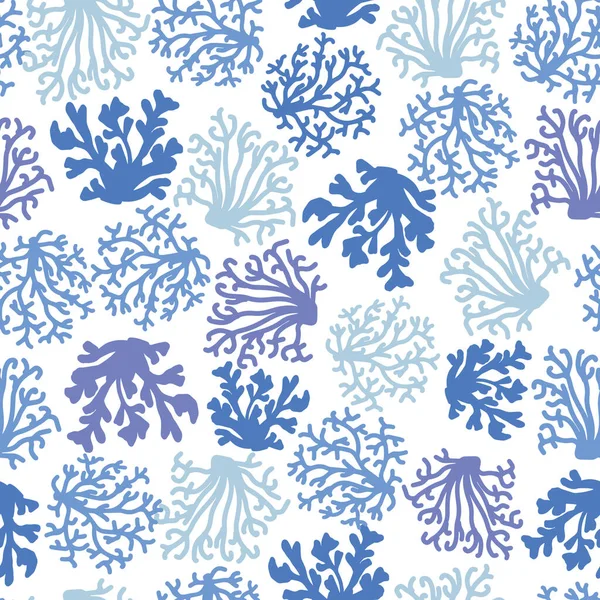 Coral seamless pattern. Blue sea elements on white background in vintage style. Marine ocean reef. Vector illustration. — Stock Vector