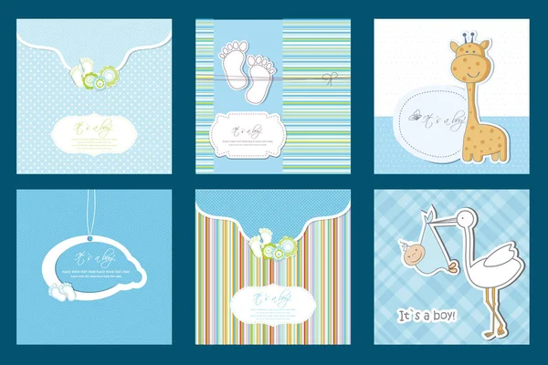 Ensemble de douche bébé. Cartes d'invitation mignonnes pour la fête de baby shower garçon. Collection vectorielle sur les couleurs blanches et bleues . — Image vectorielle