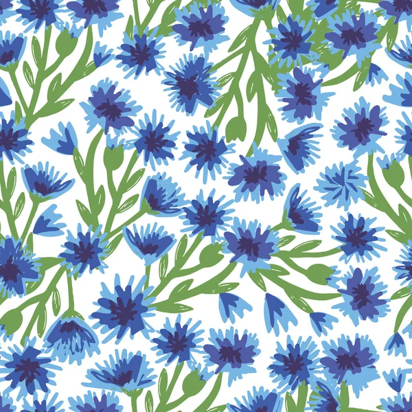 Seamless pattern with bright blue cornflowers. Suitable for fabric, t-shirts, bed linen, packaging, napkins, postcards, backgrounds, knitwear, textiles. — Stock Vector