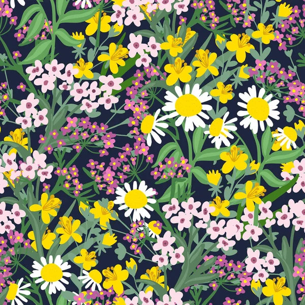 화려하고 화려 한 작은 꽃들 과 초원의 꽃들 이 무미건조 한 무늬를 이루고 있다. — 스톡 벡터