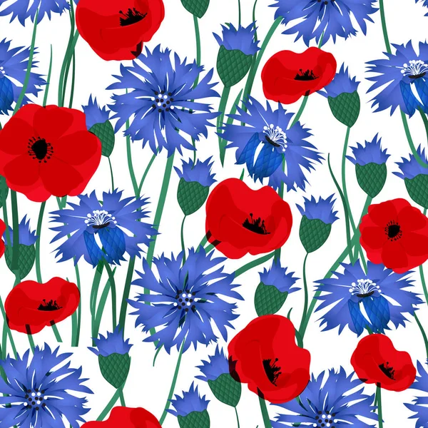 Naadloze vector patroon met korenbloemen en papaver. Met de hand getekend ornament met blauwe wilde bloem. Perfect voor groeten, uitnodigingen, vervaardiging inpakpapier, textiel, web design. — Stockvector