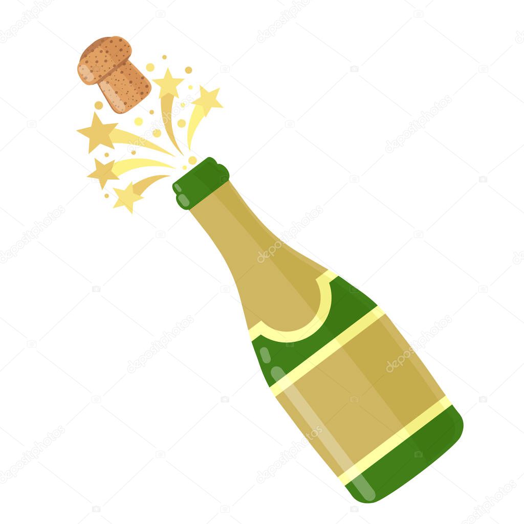 Champagne bottle explosion. Hand drawn vector illustration isolated on white.
