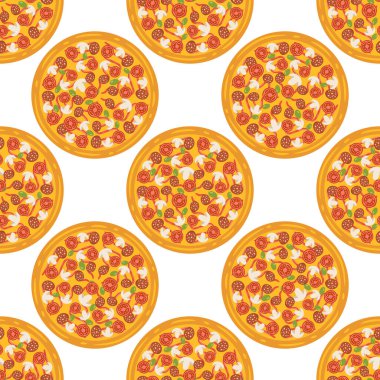 Lezzetli pizza çemberleri kusursuz. Fast food servis elemanlarının arka planlarını tekrar eden modern tarz. Beyaz arkaplanda izole vektör illüstrasyonu.