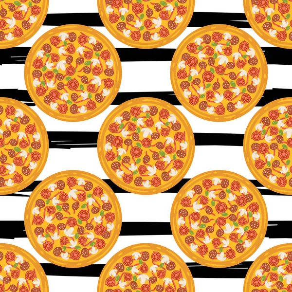 Вручную нарисованные вкусные круги пиццы вектор бесшовный узор. Современный стильный повторяющийся фаст-фуд элементы фона. Изолированная векторная иллюстрация на черном фоне . — стоковый вектор