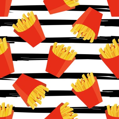 Çizgili arka planda patates kızartması ve pürüzsüz desen. Vektör illüstrasyonu.