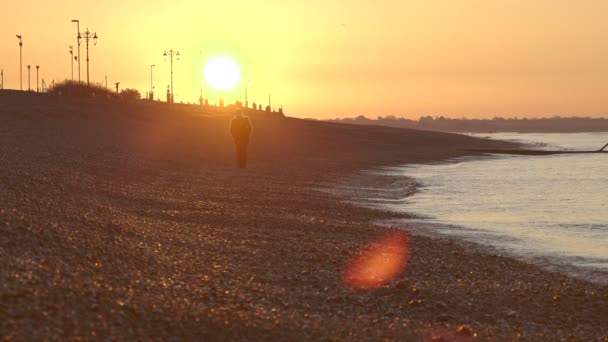 Ένας μοναχικός άνδρας περπατά κατά μήκος της ακτής. Ηλιοβασίλεμα. — Αρχείο Βίντεο