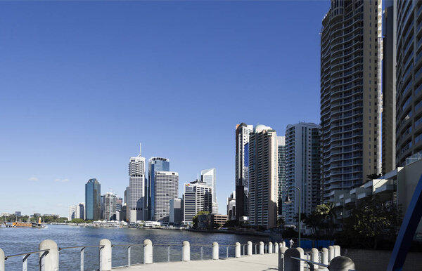 View of the Brisbane riverside business district with its main office towers and residential towers in the foreground, on June 22, 2017 in Brisbane, Australia.