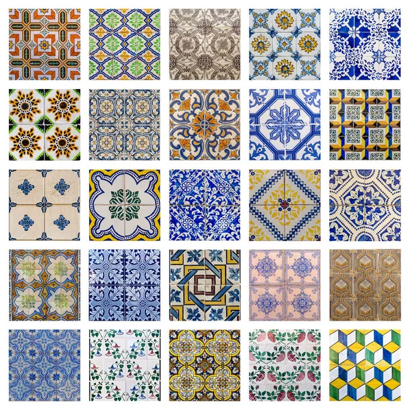 Collage Showing Traditional Colored Decorative Tiles Covering Facades Many Buildings — Stock Photo, Image