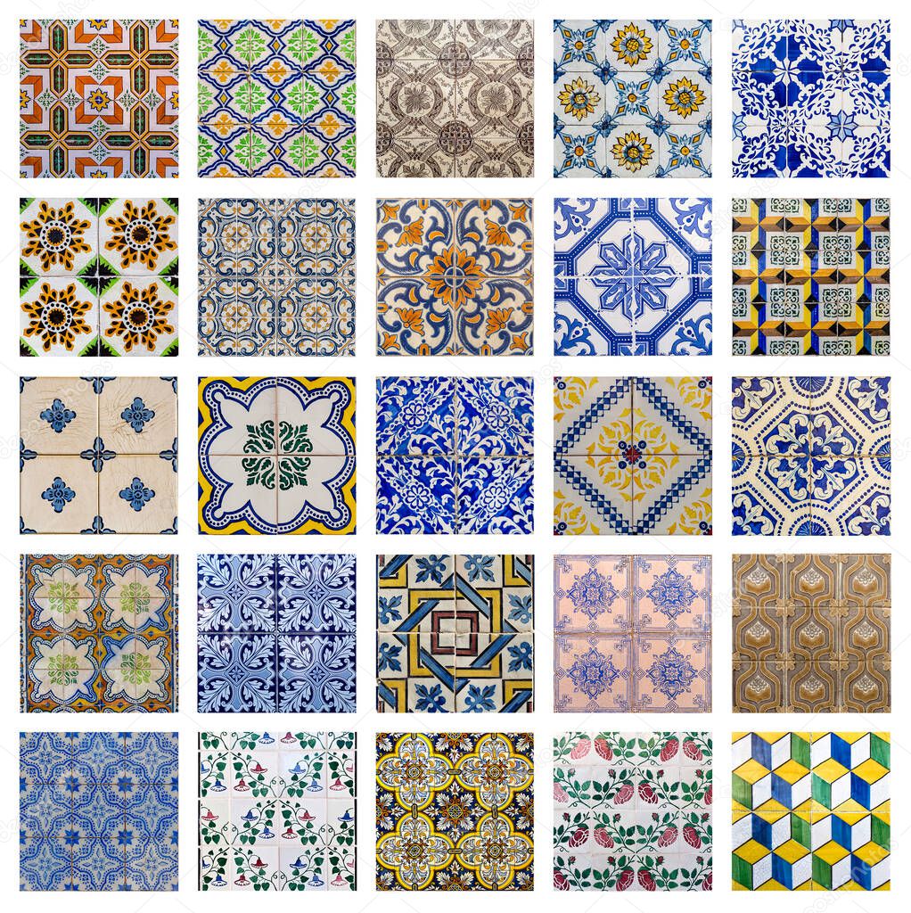 Collage showing the traditional colored decorative tiles covering the facades of many buildings in Lisbon, Portugal