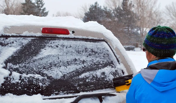 Mature Female Senior Clearing Winter Snow Her Car — Stock Photo, Image