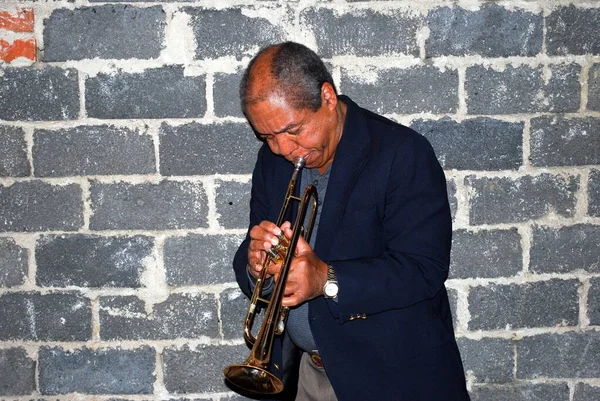 Afroamerikanischer Jazztrompeter Bläst Der Garderobe Studiokeller Sein Horn — Stockfoto