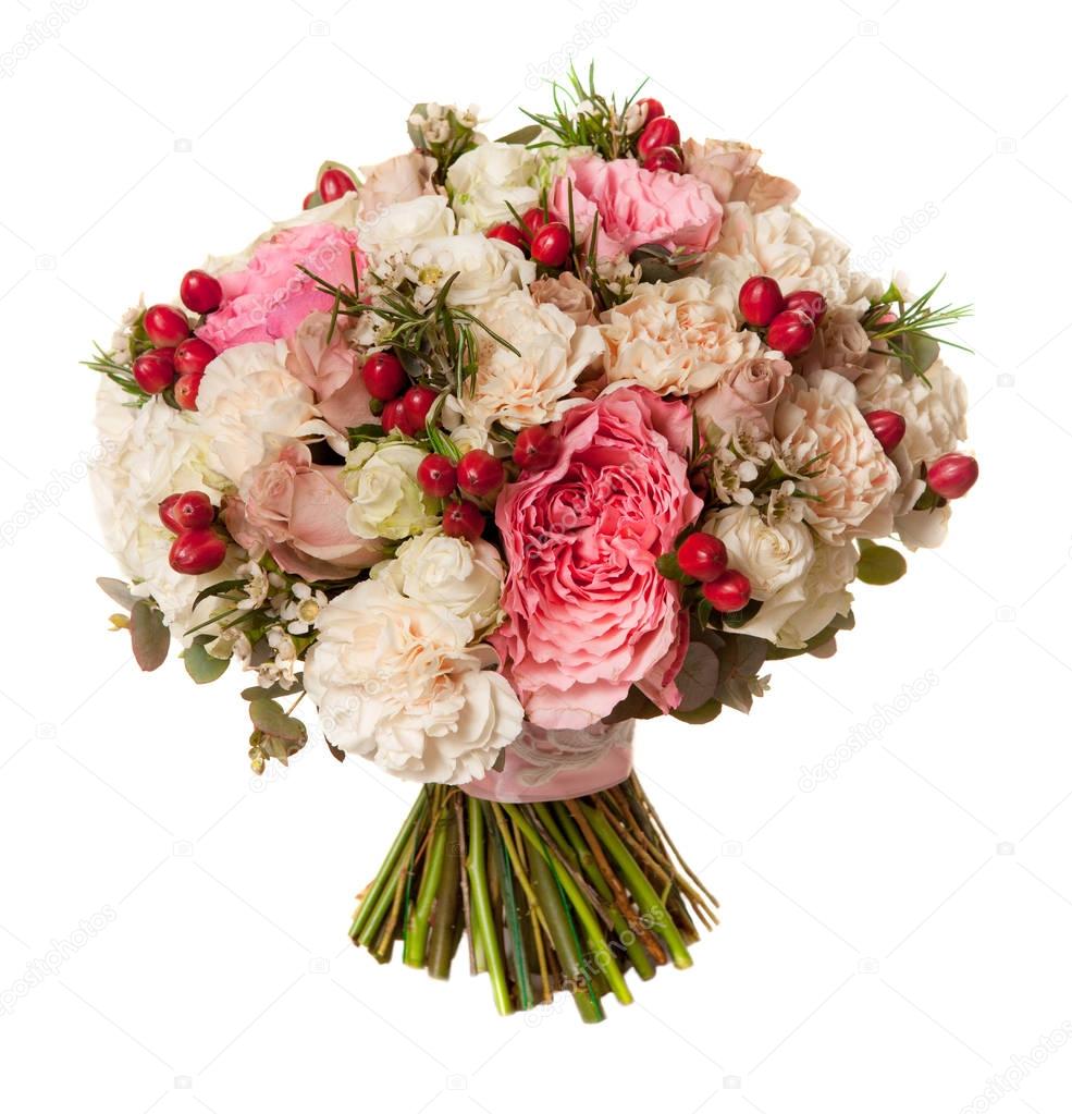 Isolated on white background wedding bouquet with delicate roses