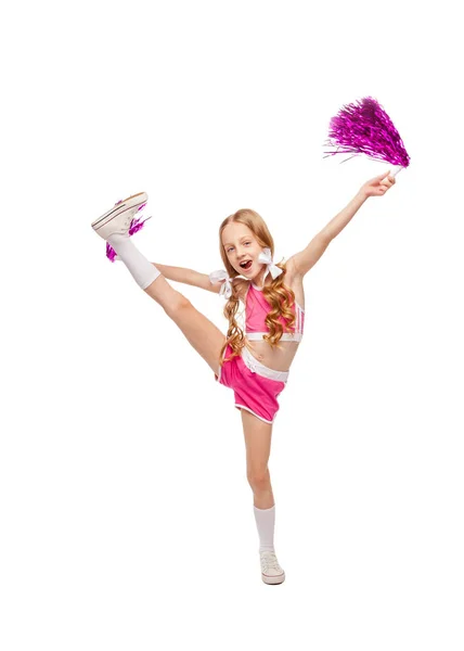 Девушка в костюме чирлидера танцует с помпонами — стоковое фото