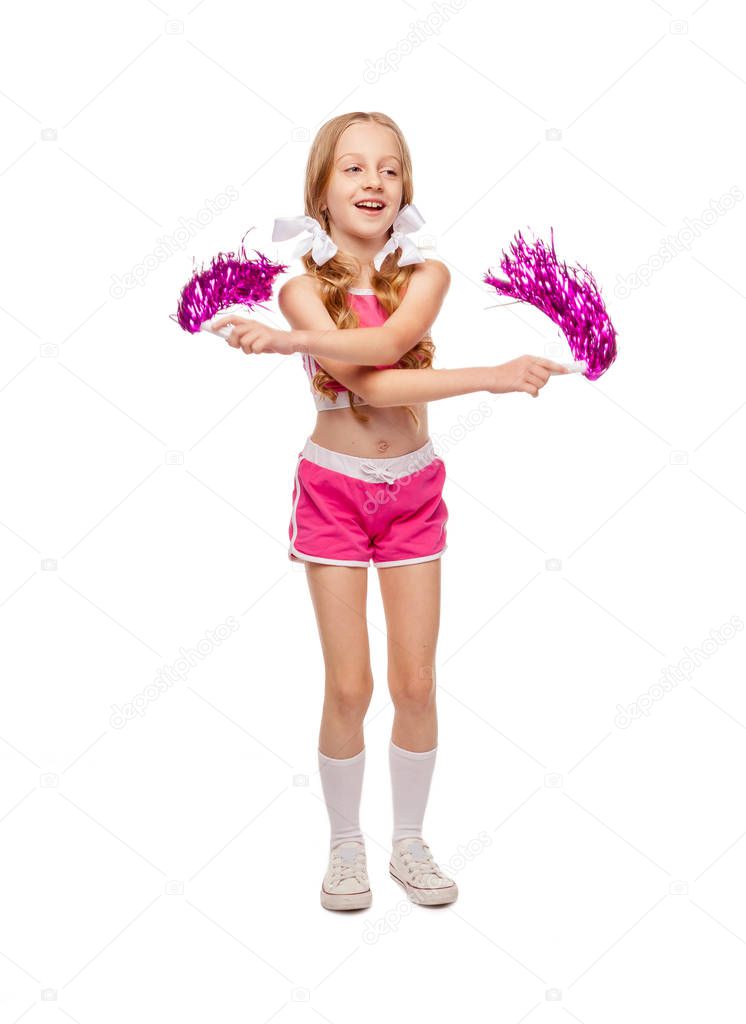 girl in a cheerleader costume dances with a pom poms 