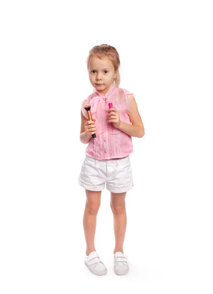 Niña Con Brillo Labios Cepillo Maquillaje Sus Manos —  Fotos de Stock