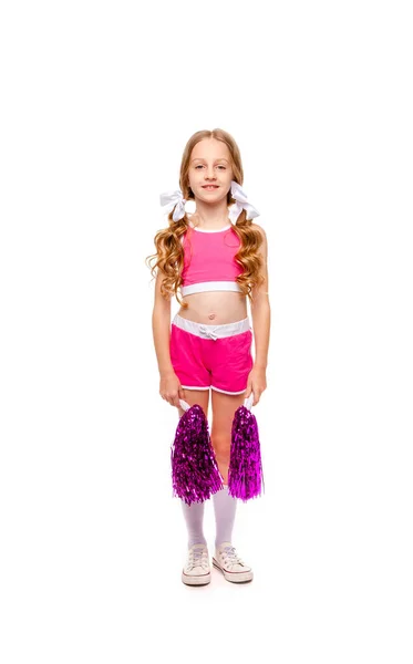 Meisje Roze Cheerleader Kleding Staat Met Glanzende Pompons Haar Handen — Stockfoto