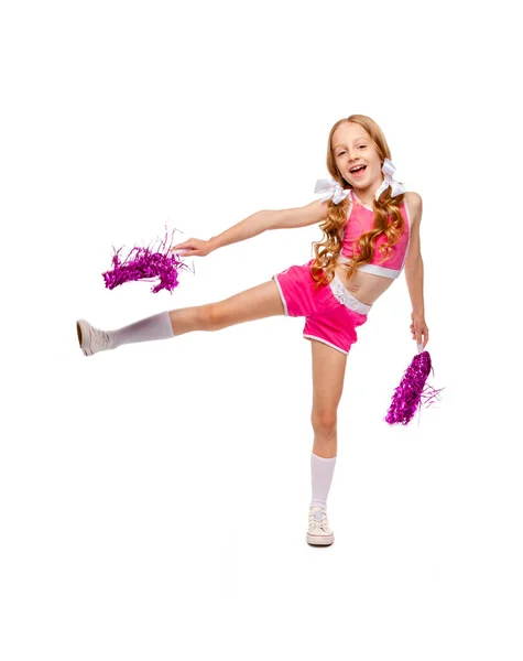 ピンクのトップのロングヘアの女の子とポンポンで踊るチアリーディングの服 — ストック写真