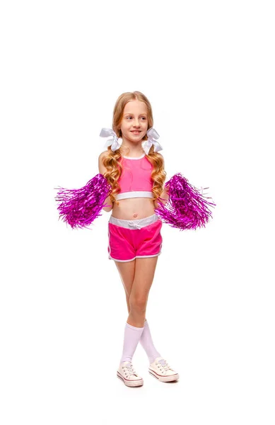 Chica Pelo Largo Top Rosa Ropa Animadora Bailando Con Pompones —  Fotos de Stock