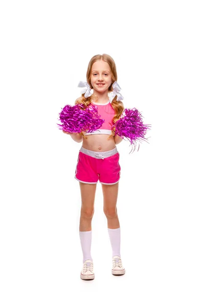 Long Haired Girl Pink Top Cheerleader Clothes Dancing Pompons — Stock Photo, Image