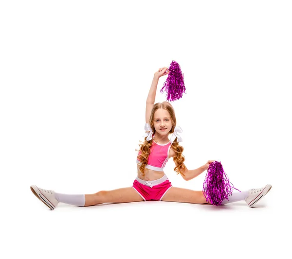 Mädchen Rosa Cheerleader Kleidung Tanzt Mit Glänzenden Bommeln Den Händen — Stockfoto