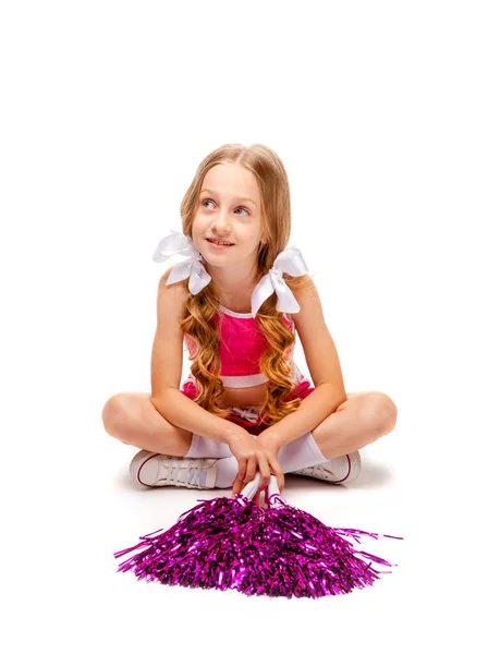 Long Haired Girl Pink Top Cheerleader Clothes Dancing Pompons Stock Photo  by ©julieboro 365029262