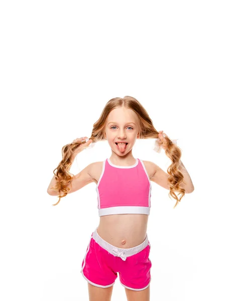 Long Haired Girl Pink Top Cheerleader Clothes Dancing Pompons Stock Photo  by ©julieboro 365029262