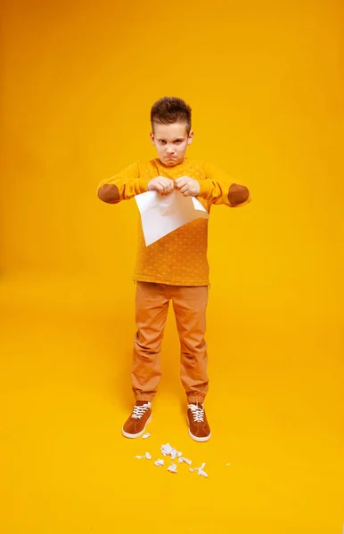 Arrabbiato Ragazzo Violentemente Strappando Carta Brandelli — Foto Stock