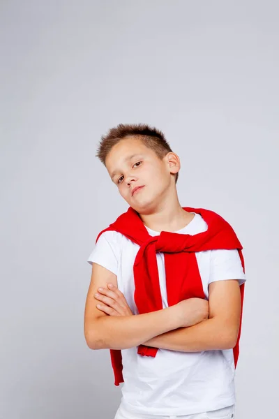 Boy Looks Arrogant Stands Arms Crossed — Stock Photo, Image