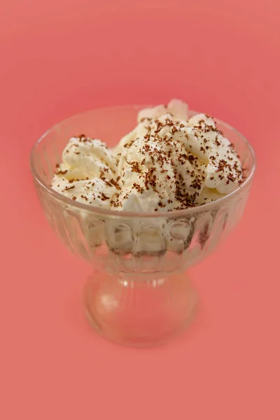 Ice Cream Whipped Cream Chocolate Chips Pink Background — Stock Photo, Image