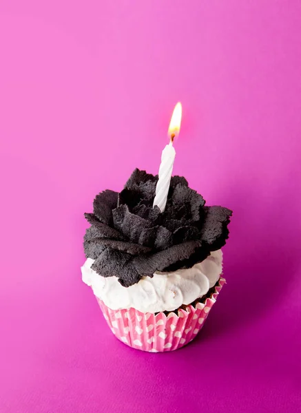 Cupcake Burning Candle Decorated Cream Rose Black — Stock Photo, Image