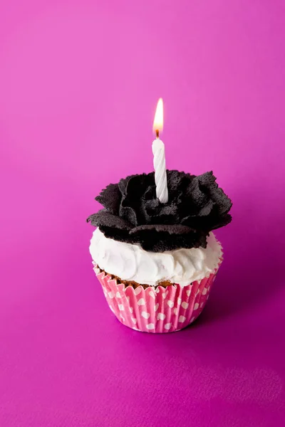Cupcake Burning Candle Decorated Cream Rose Black — Stock Photo, Image