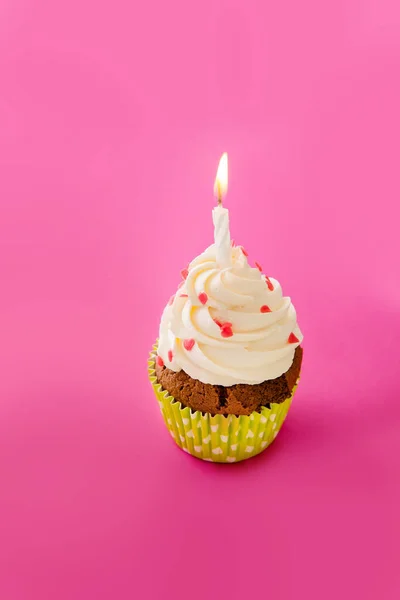 Cupcake Decorated Cream Decorative Hearting Pink Background — Stock Photo, Image