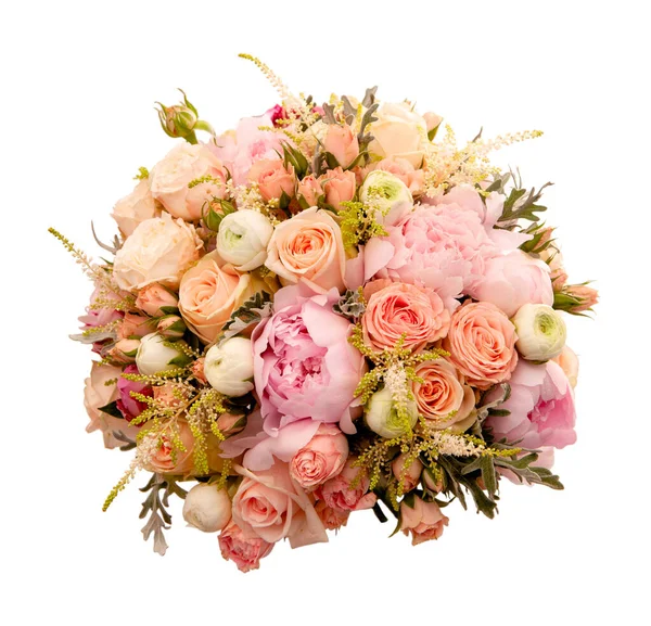 Klassischer Hochzeitsstrauß Aus Rosa Rosen Draufsicht — Stockfoto